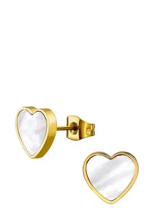 Orecchini a forma di cuore in tonalità oro con inserto in madreperla, dotati di una superficie liscia e chiusura a farfalla sicura.