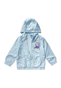 Light blue, water-resistant jacket with a hood. Features an embroidered design of a cartoon character and bright, colorful letters.