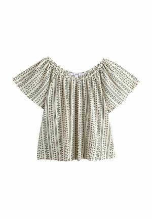 Cremefarbene Kurzarmbluse mit schwarzen vertikalen Blumenstreifen und gerafftem weitem Ausschnitt.