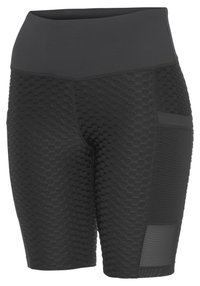 Schwarze Sportshorts aus einem strukturierten, honigwabenförmigen Stoff, mit breitem Bündchen und Netzpaneel für Atmungsaktivität.