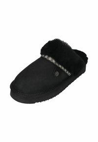Black slip-on slipper featuring a soft fur lining and a checkered accent band. Constructed from suede with a textured rubber sole.