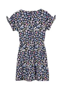 Blumenkleid mit kurzen Ärmeln, marineblauem Hintergrund, mehreren pastellfarbenen Blumen, tailliert und mit schwingendem Rock. Baumwollstoff, leichter Textur.