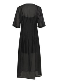 Black, flowy dress with short sleeves, sheer texture, and vertical pleats extending down from the bodice to the hem. High neckline.