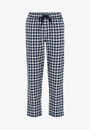 Navy and white checkered pajama pants made of soft fabric, featuring an elastic waistband with a drawstring for an adjustable fit.