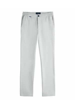 Pantalon homme gris clair avec taille élastiquée, fermeture par bouton et poches latérales, présenté sur fond blanc.