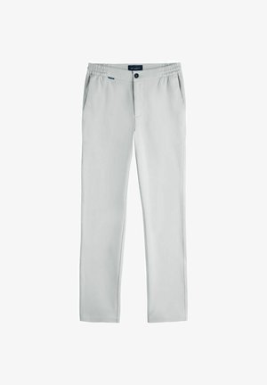 Pantalon homme gris clair avec taille élastiquée, fermeture par bouton et poches latérales, présenté sur fond blanc.
