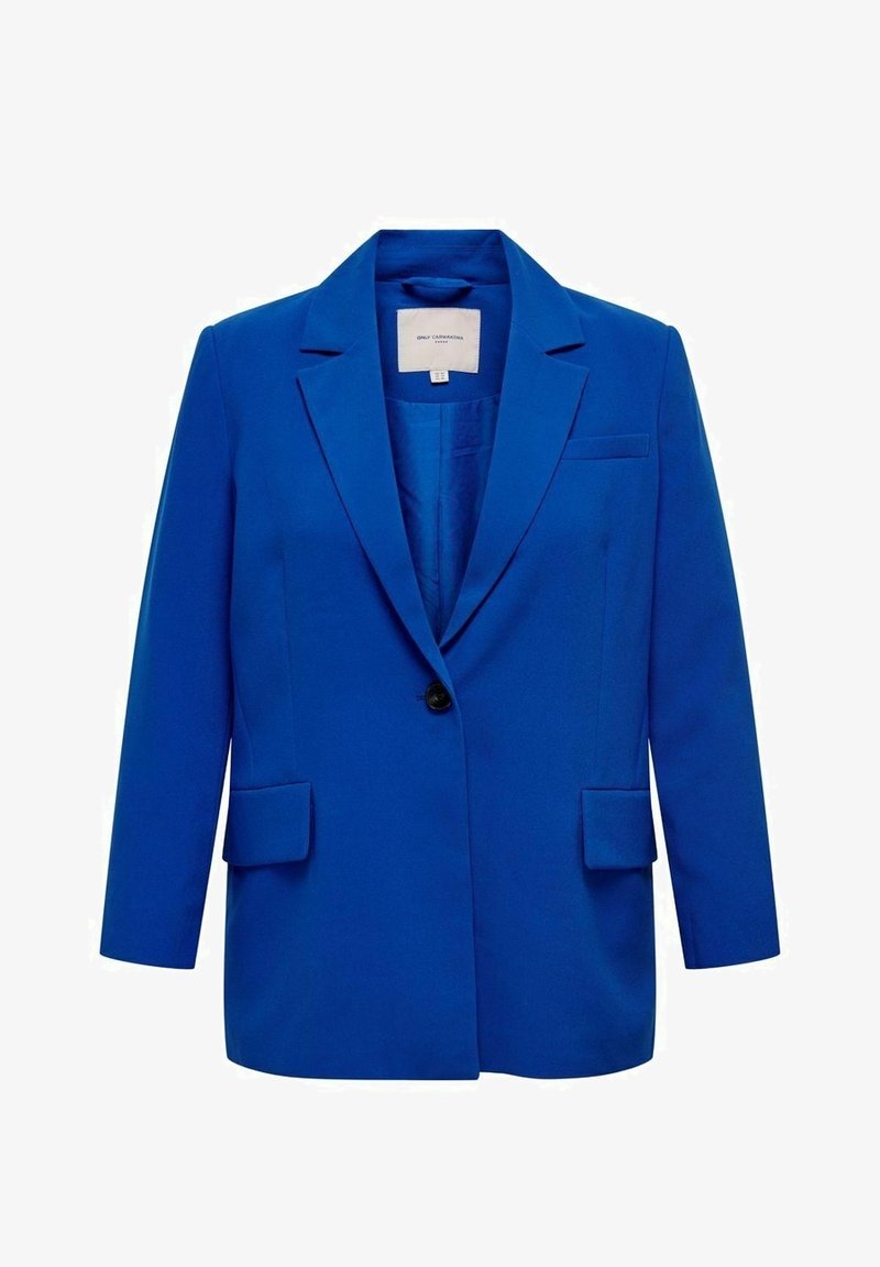 Blazer azul a medida hecho de una tela suave. Presenta un cierre de un solo botón, solapas con muesca y dos bolsillos frontales. Corte relajado con mangas largas.