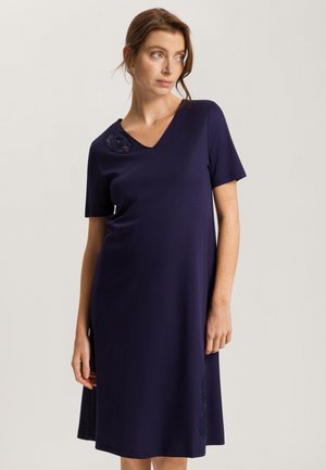 Navy blue short-sleeve dress made of soft fabric, featuring a V-neck and floral embroidery detail on the left shoulder and hem.
