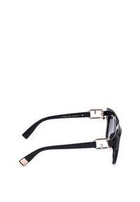Lunettes de soleil rectangulaires noires avec des montures épaisses, des charnières en métal doré et un détail doré de marque sur les branches, vues de profil.