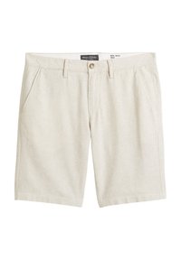 Beige shorts made of lightweight fabric, featuring a subtle striped pattern, two side pockets, and a button closure at the front.