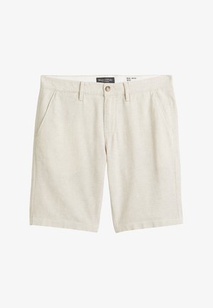 Beige Shorts aus leichtem Material mit einem dezenten Streifenmuster, zwei Seitentaschen und einem Knopfverschluss vorne.
