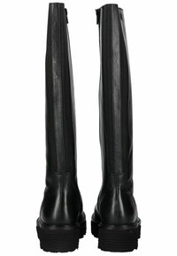 Schwarze Kniehoch-Stiefel aus Leder mit glatter Oberfläche, ausgestattet mit einem hohen Rückenreißverschluss und dicken Gummisohlen für Grip und Langlebigkeit.