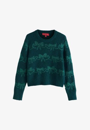 Groene, gebreide trui met een ronde hals en lange mouwen. Heeft een patroon van strikken in een lichtere groene kleur over het lichaam.