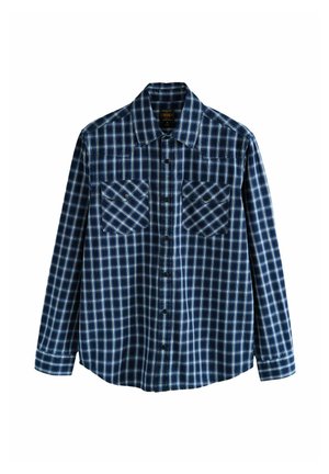 Blau kariertes Hemd mit langen Ärmeln, zwei vorderen Taschen, Knopfverschluss und klassischem Kragen. Baumwollstoff mit strukturierter Optik.