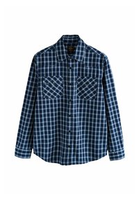 Chemise à carreaux bleus à manches longues, avec deux poches avant, fermeture à boutons et col classique. Tissu en coton avec un aspect texturé.