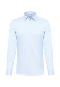 Camicia a maniche lunghe blu chiaro realizzata in tessuto morbido con davanti abbottonato, colletto e polsini abbottonati; presenta un design a vestibilità standard.