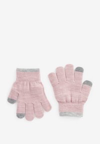 Guanti di lana rosa con polsini a costine. Accenti grigi sulle punte delle dita e sui polsini. Texture morbida, progettati per coprire le mani e garantire calore.