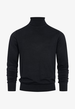 Pull à col roulé noir en tissu tricoté doux. Il présente des manches longues, un col et des poignets côtelés, avec une coupe ajustée.