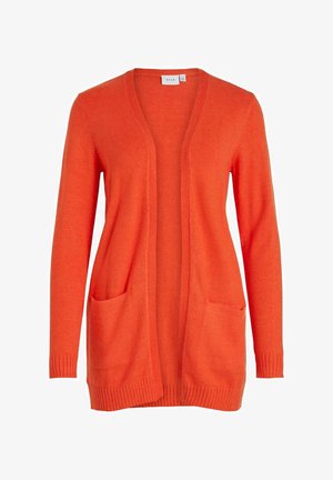 Oranje cardigan met open voorkant, lange mouwen en twee voorzakken. Gemaakt van een zachte gebreide stof met een geribbelde textuur bij manchetten en zoom.