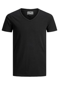 Schwarzes Baumwoll-V-Ausschnitt-T-Shirt mit kurzen Ärmeln, ausgestattet mit einer weichen Textur und einem Logolabel im Nacken.