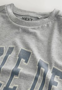 Szara bawełniana koszulka z okrągłym dekoltem i dużymi, wyblakłymi niebieskimi literami. Materiał ma miękką, gładką fakturę.