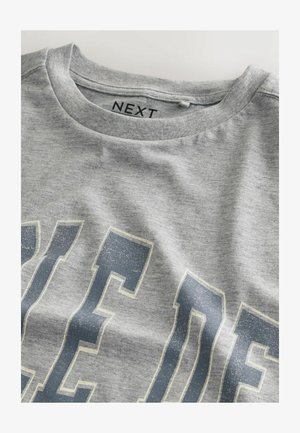 Harmaa puuvillapaita, jossa on pyöreä kaula-aukko ja suuret haalistuneet siniset kirjaimet. Kankaan pinta on pehmeä ja sileä.