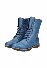 Bottes en cuir bleues à la cheville avec un laçage, bout rond, détails en cuir renforcé sur les côtés et semelle en caoutchouc texturé pour une meilleure adhérence.