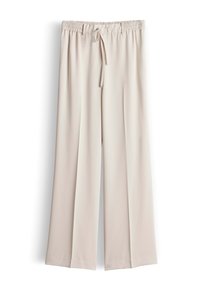 Beige Hose mit weitem Bein, elastischem Bund und verstellbarem vorderem Kordelzug, glattes Gewebe, volle Länge, ohne sichtbare Taschen oder Verzierungen.