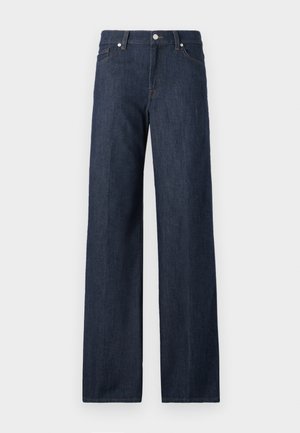 Donkere spijkerbroek met wijde benen heeft een hoge taille, riemlussen en een klassieke vijf-pocketontwerp. Soepele textuur met subtiele vervaging.