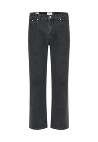 Jeans de mezclilla negra con un diseño de pierna recta, estilo de cinco bolsillos y costuras en contraste. Presenta un cierre de botón metálico y cremallera.
