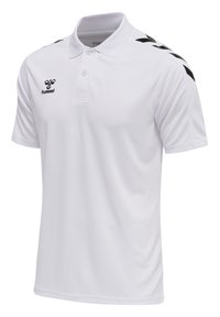 Witte poloshirt van een textuurstof, met een twee-knopen placket en zwarte chevronaccenten op de schouders. Bevat het Hummel-logo op de borst.