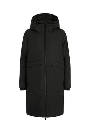 Zwarte waterproof parka met een capuchon, voorkleur rits, elastische manchetten en twee grote zakken. Glad fabric en geïsoleerde binnenkant.