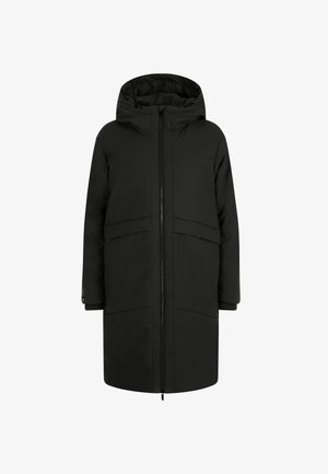 Černá nepromokavá parka s kapucí, předním zipem, elastickými manžetami a dvěma velkými kapsami. Hladká tkanina a zateplený interiér.