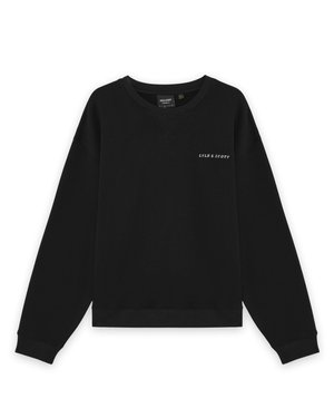 Sweat-shirt noir à manches longues avec col rond et petit logo blanc "LYLE & SCOTT" sur le côté gauche de la poitrine.