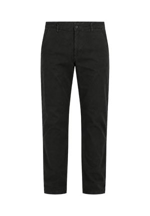 Zwarte broek met rechte pijpen, knoopsluiting, riemlussen en zijzakken, plat liggend op een witte achtergrond.