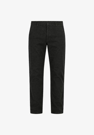 Zwarte broek met rechte pijpen, knoopsluiting, riemlussen en zijzakken, plat liggend op een witte achtergrond.