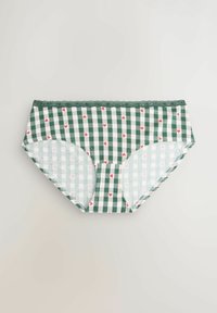 Green and white checkered cotton panties with small red heart patterns; feature lace trim along the waistband; soft texture.