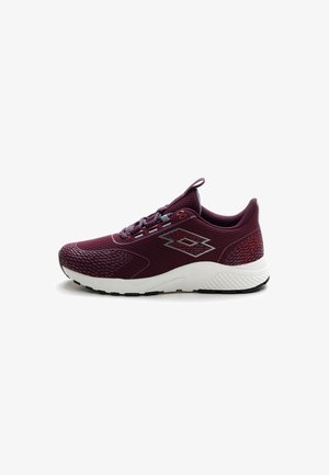 Burgundy mesh sneakers feature a padded collar, reinforced toe, and white EVA sole with black rubber traction, silver logo accents, and textured details.