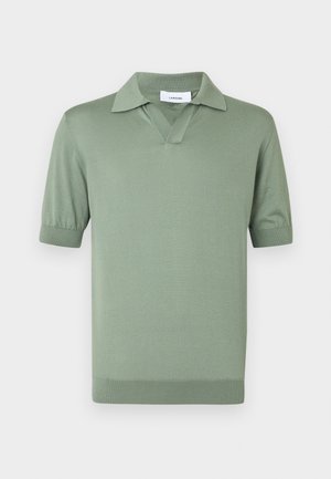 Short-sleeve light green knit polo shirt with a V-neck collar and ribbed cuffs and hem, displayed on a plain background.