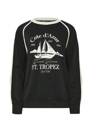 Czarna bluza z białym obszyciem, z białą grafiką żaglówki oraz napisem: „Cote d'Azur 1980 French Riviera St. Tropez Yacht Club.”