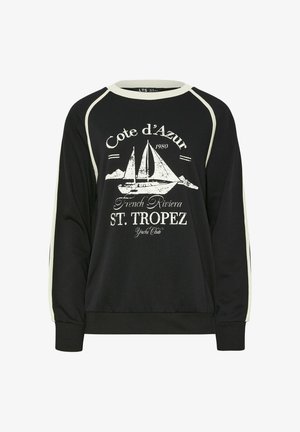 Sort sweatshirt med hvid kant, med en hvid sejlbådsgrafik og tekst: "Cote d'Azur 1980 Franske Riviera St. Tropez Yacht Club."