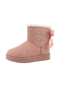 Roze suède enkellaars met een nepbont voering, met strassaccenten in ster- en hartvorm en een lintdetail aan de zijkant.