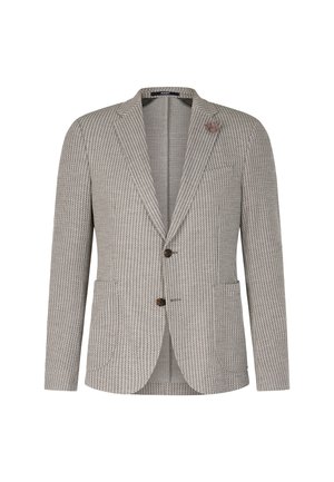 Grau-weißer Hahnentritt-muster Blazer mit eingeschnittenen Revers, zwei Fronttaschen und zwei braunen Knöpfen, ausgestattet mit einer dekorativen Reversnadel.