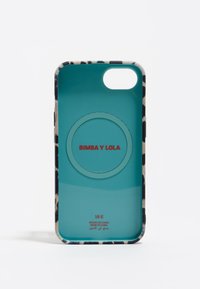 Phone case featuring a teal interior, leopard print edges, a circular magnetic area, and red brand text "BIMBA Y LOLA." Smooth plastic finish.
