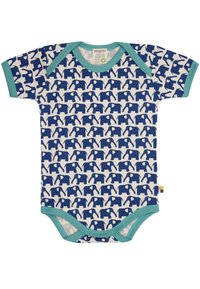 Katoenen rompertje met korte mouwen, versierd met een herhaald blauw olifantenpatroon op een witte achtergrond. Omzoomd met teal rond de hals en beenopeningen.