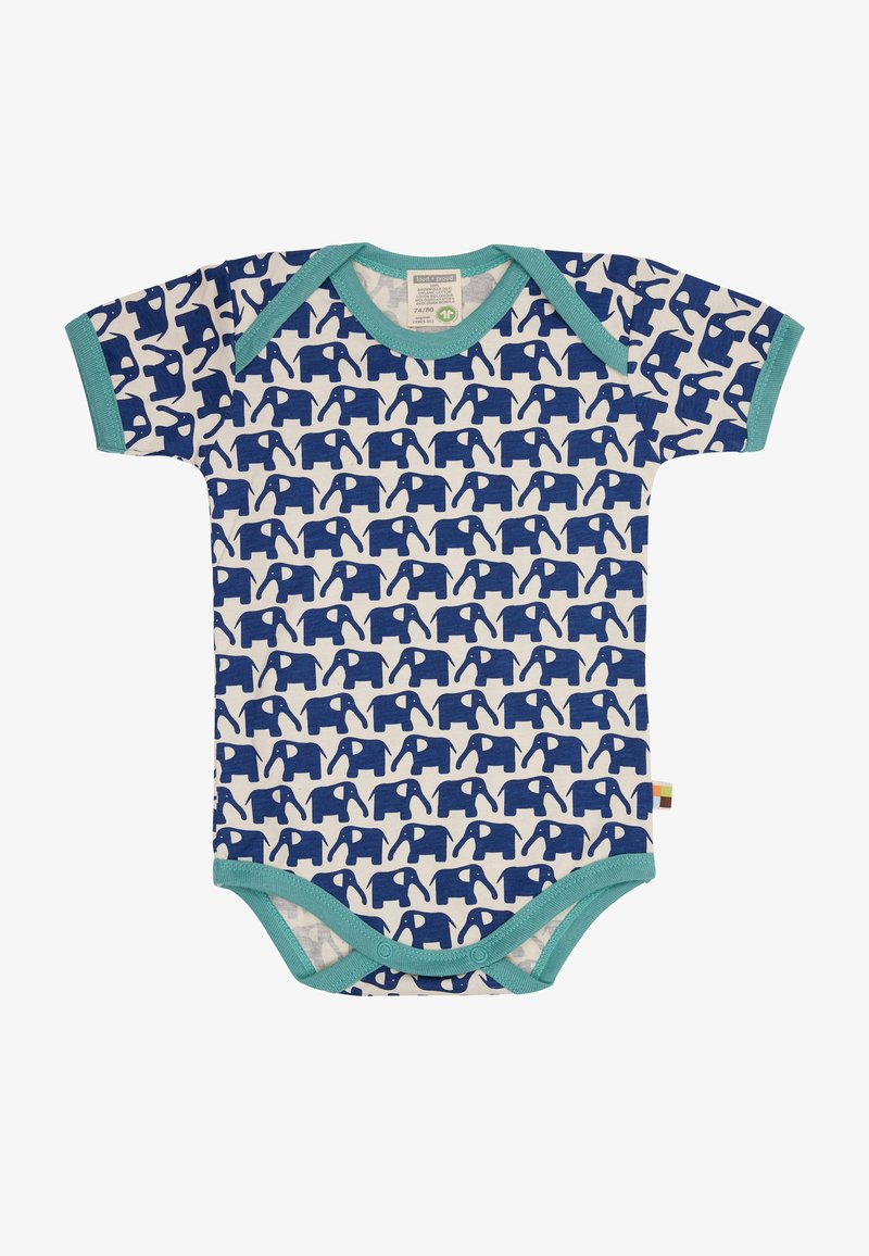 Katoenen rompertje met korte mouwen, versierd met een herhaald blauw olifantenpatroon op een witte achtergrond. Omzoomd met teal rond de hals en beenopeningen.