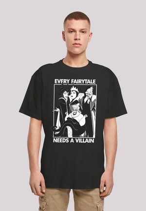 Black cotton t-shirt featuring a white graphic design of four villain characters, with the phrase "EVERY FAIRYTALE NEEDS A VILLAIN" below.