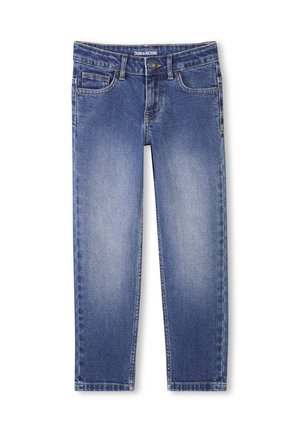 Jeans en denim bleu avec une coupe classique, finition délavée, cinq poches, passants de ceinture et détails de couture le long des coutures.