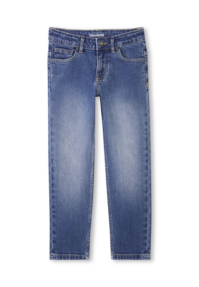 Jeans en denim bleu avec une coupe classique, finition délavée, cinq poches, passants de ceinture et détails de couture le long des coutures.