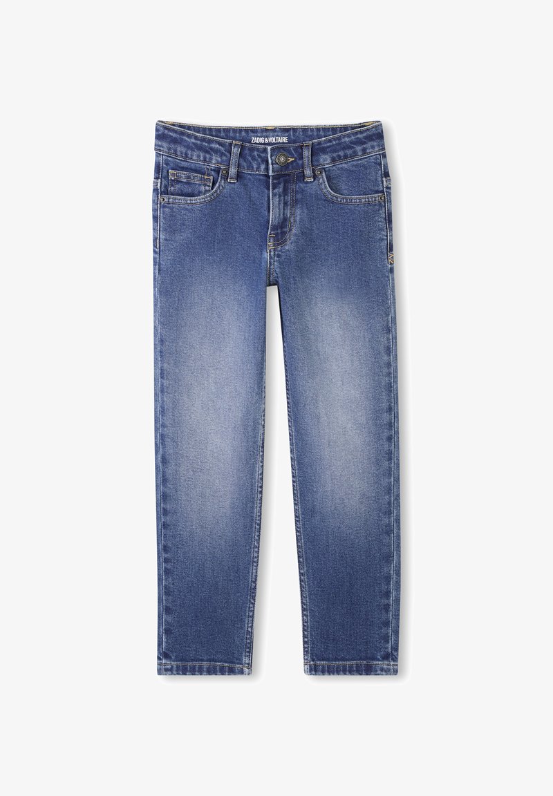 Jeans en denim bleu avec une coupe classique, finition délavée, cinq poches, passants de ceinture et détails de couture le long des coutures.